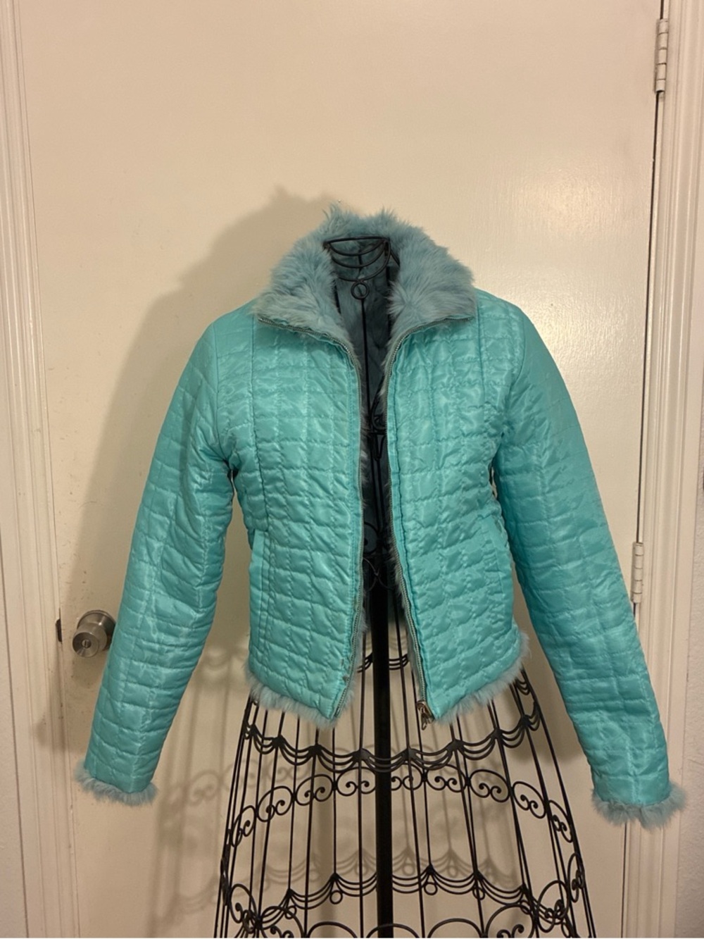 Fur Zip-Up Jacket in Light Teal Reversible - Picture 4 of 8
